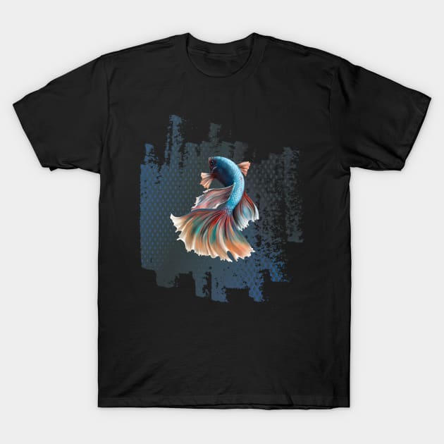 Beta Fish Blue with Rainbow Tail on Blue T-Shirt by Kylie Paul